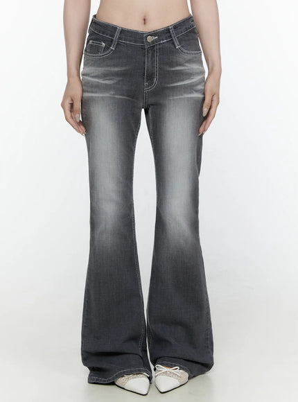 LEWKIN Alira Dark Wash Bootcut Jeans IL522 Gray front shot on model cropped view showing low-rise waist white contrast stitching and flare leg hem with white mules size 1XS