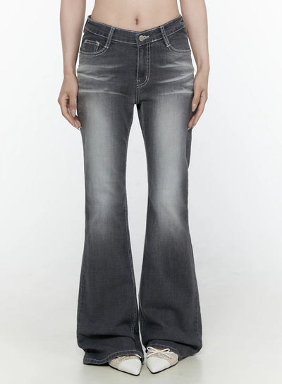 LEWKIN Alira Dark Wash Bootcut Jeans IL522 Gray front shot on model cropped view showing low-rise waist white contrast stitching and flare leg hem with white mules size 1XS