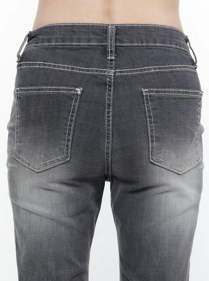 Alira Dark Wash Bootcut Jeans IL522 Gray close-up back detail of waistband and dual rear pockets showing white contrast stitching faded wash and centre seam