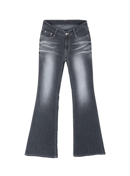 Alira Dark Wash Bootcut Jeans IL522 Gray flat-lay front view showing full bootcut silhouette low-rise V waistband crossover detail white contrast stitching and washed grey denim