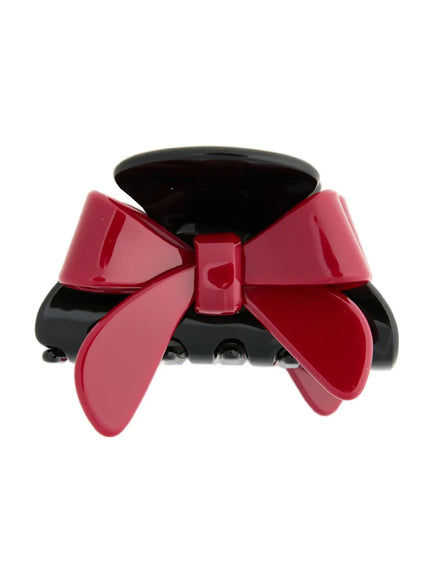 LEWKIN Amber Mix Hair Clip IL503 Black and Red front view glossy acrylic claw clip with large red bow detail on white background