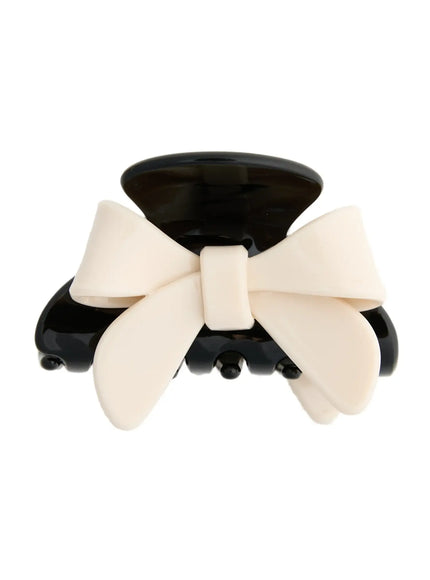 Amber Mix Hair Clip IL503 Black and Ivory front view glossy acrylic claw clip with matte cream bow detail on white background