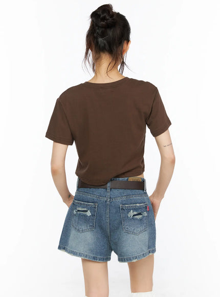 Animal Graphic Crop Tee CU530 Brown back view on model showing plain cropped silhouette round neck and short sleeves with denim shorts