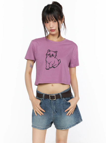 Animal Graphic Crop Tee CU530 in Dark pink, size S/M