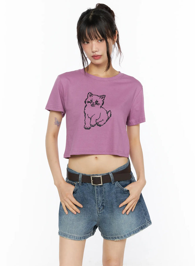 Animal Graphic Crop Tee CU530 in Dark pink, size S/M