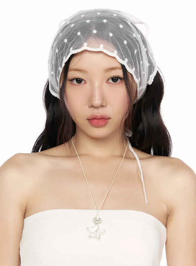 LEWKIN Anny Hair Bandana IL514 White front shot on model wearing sheer polka-dot tulle head scarf with lace trim and ribbon ties