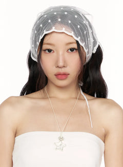 LEWKIN Anny Hair Bandana IL514 White front shot on model wearing sheer polka-dot tulle head scarf with lace trim and ribbon ties