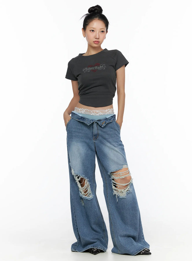 LEWKIN Anyae Mid-Wash Knee Distressed Wide Jeans CL510 blue full-length front shot on model with bun updo styled with lace waistband and crop tee