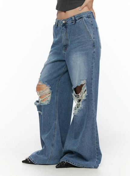 Anyae Mid-Wash Knee Distressed Wide Jeans CL510 blue side shot on model standing straight showing low-rise fit wide leg silhouette and knee distressing