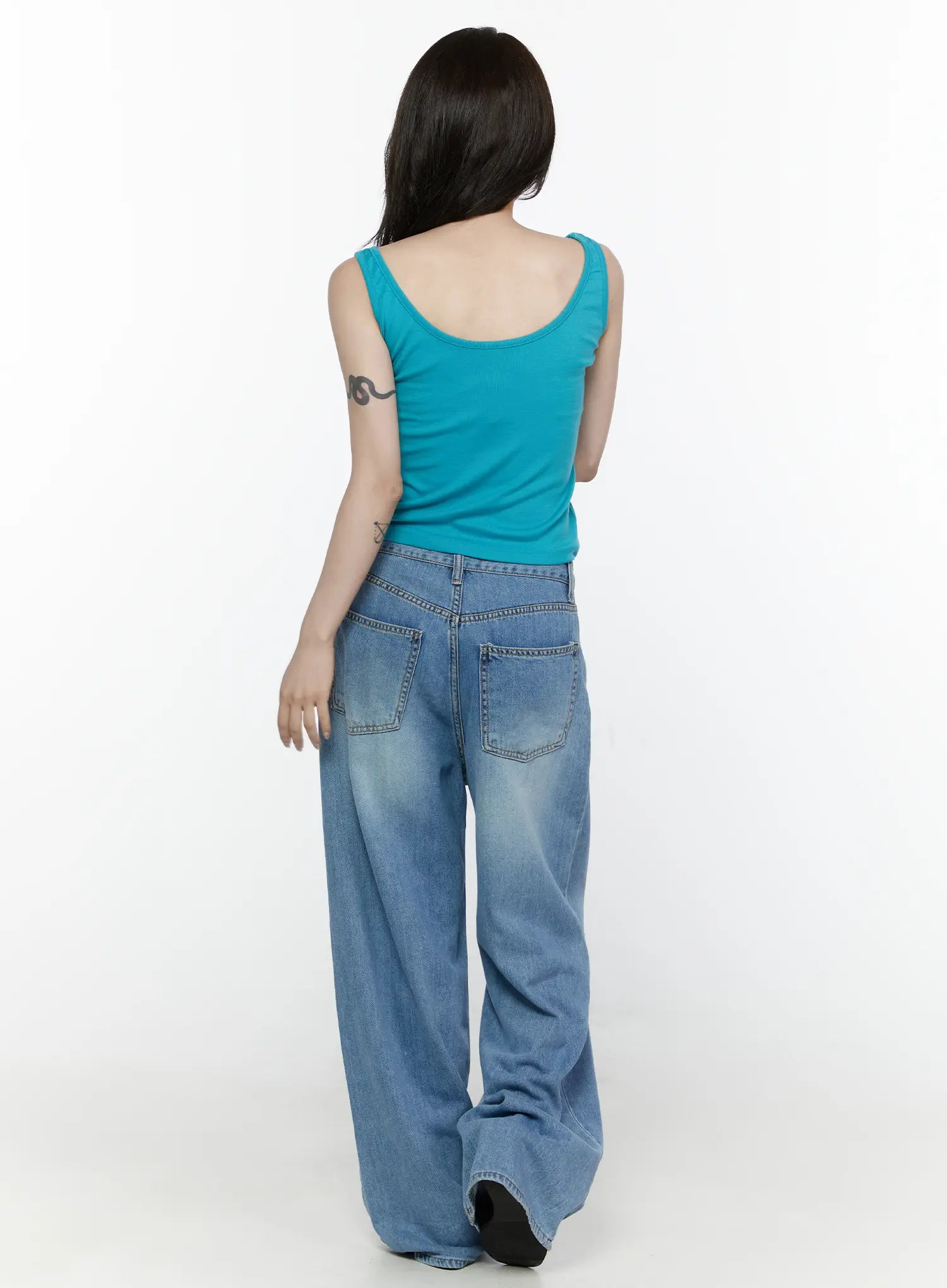 Arden Distressed High-Waist Baggy Jeans IL522 Blue back full-length on model in teal tank top showing rear patch pockets faded wash and wide-leg hem