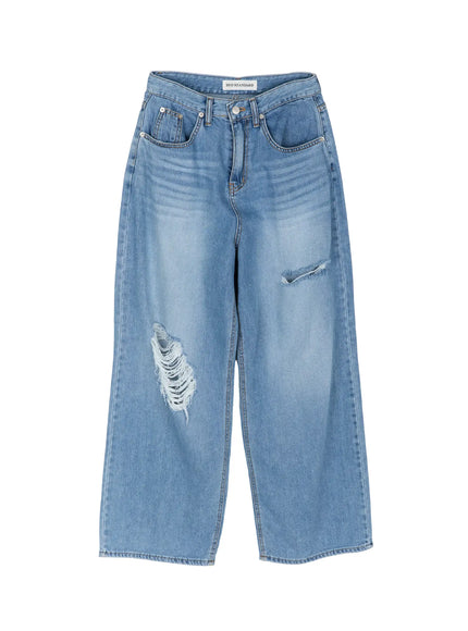 Arden Distressed High-Waist Baggy Jeans IL522 Blue flat-lay front view showing BYD STANDARD label waistband two ripped distressed details and wide-leg cut