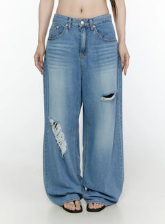 LEWKIN Arden Distressed High-Waist Baggy Jeans IL522 Blue front view on model size S showing double ripped knee detail and wide-leg silhouette with faded wash