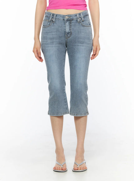 Aris High-Waist Capri Jeans CU530 Light blue front view on model in pink top and silver flip flops, low-rise waist and slight flare capri leg