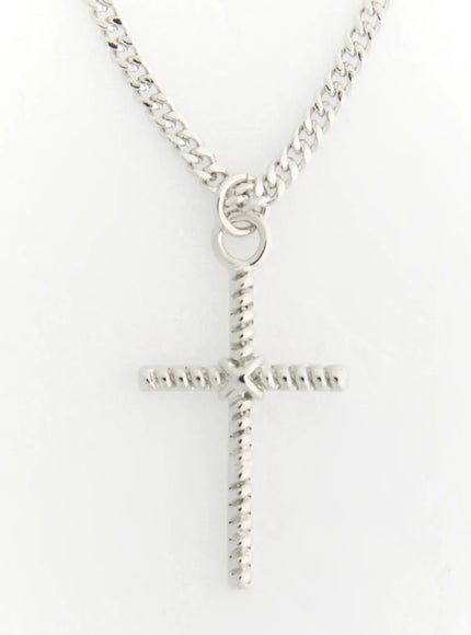 LEWKIN Arlo Cross Necklace IL522 Silver close-up flat lay showing textured rope-style cross pendant on curb chain against white background