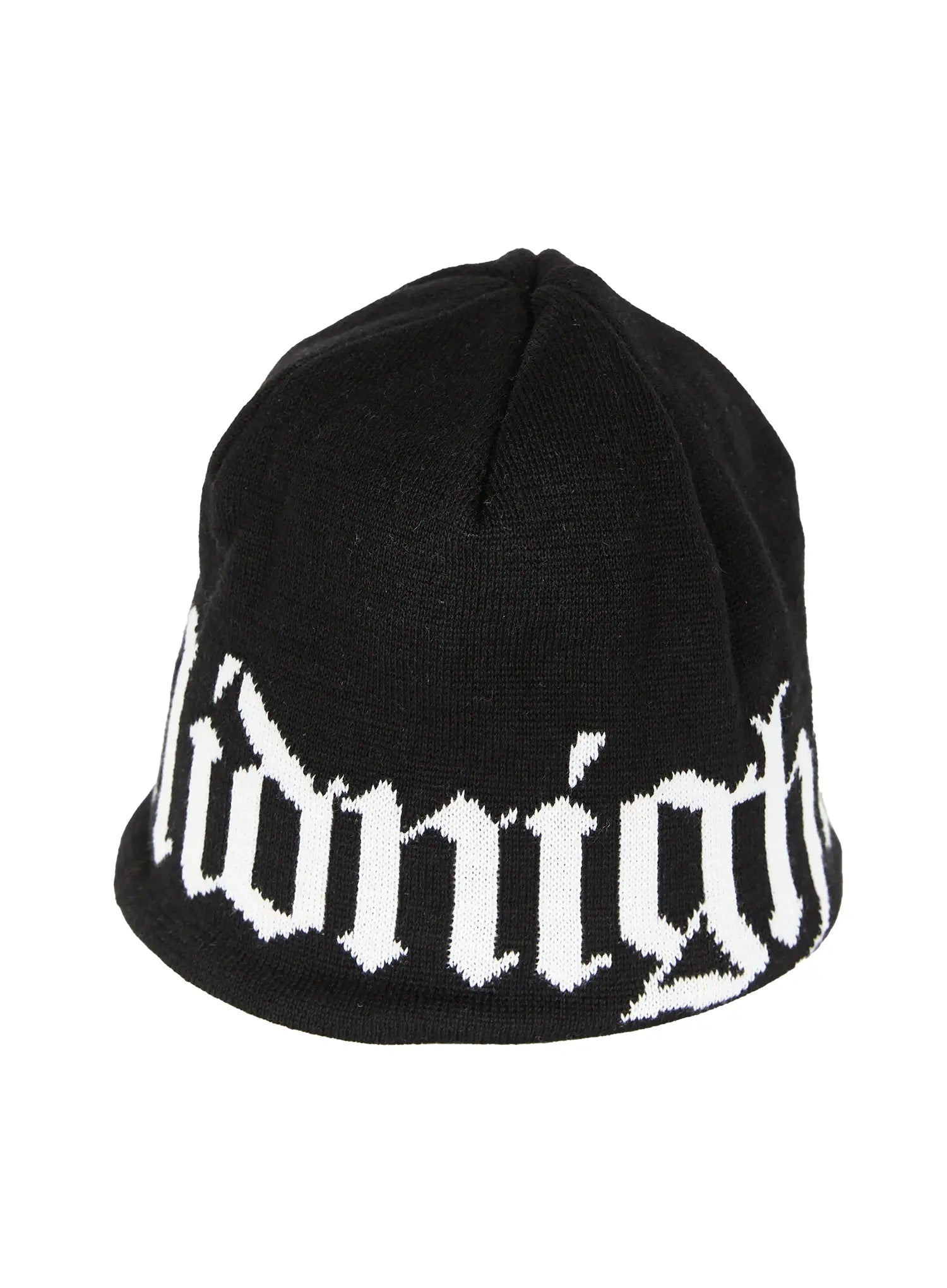 Aspen 1988 beanie IL503 Black product flat shot angled view showing white gothic script jacquard lettering on black knit beanie