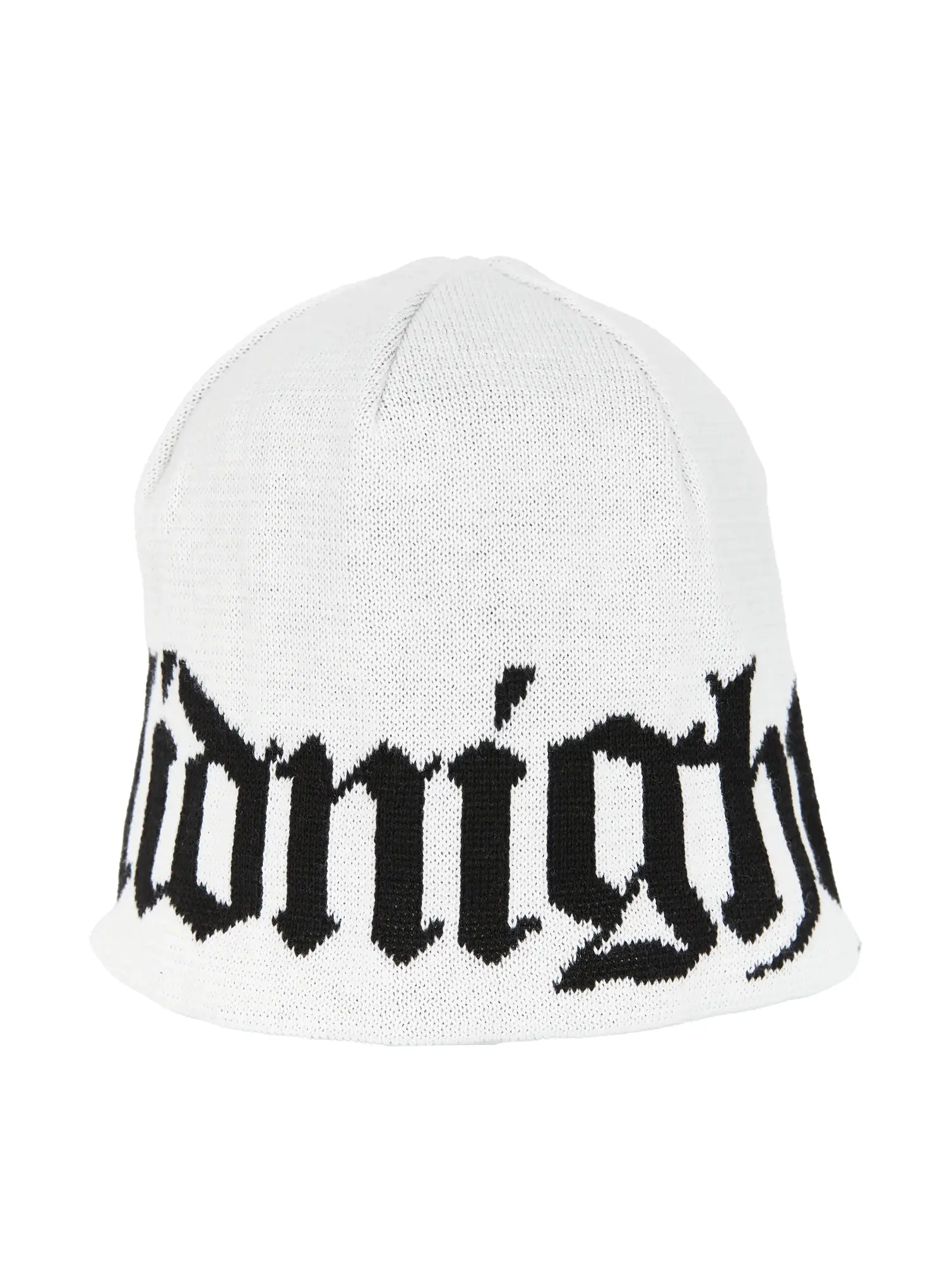 Aspen 1988 beanie IL503 White product flat shot angled view showing black gothic script jacquard lettering on white knit beanie