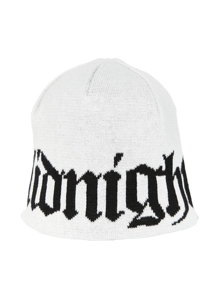 Aspen 1988 beanie IL503 White product flat shot angled view showing black gothic script jacquard lettering on white knit beanie