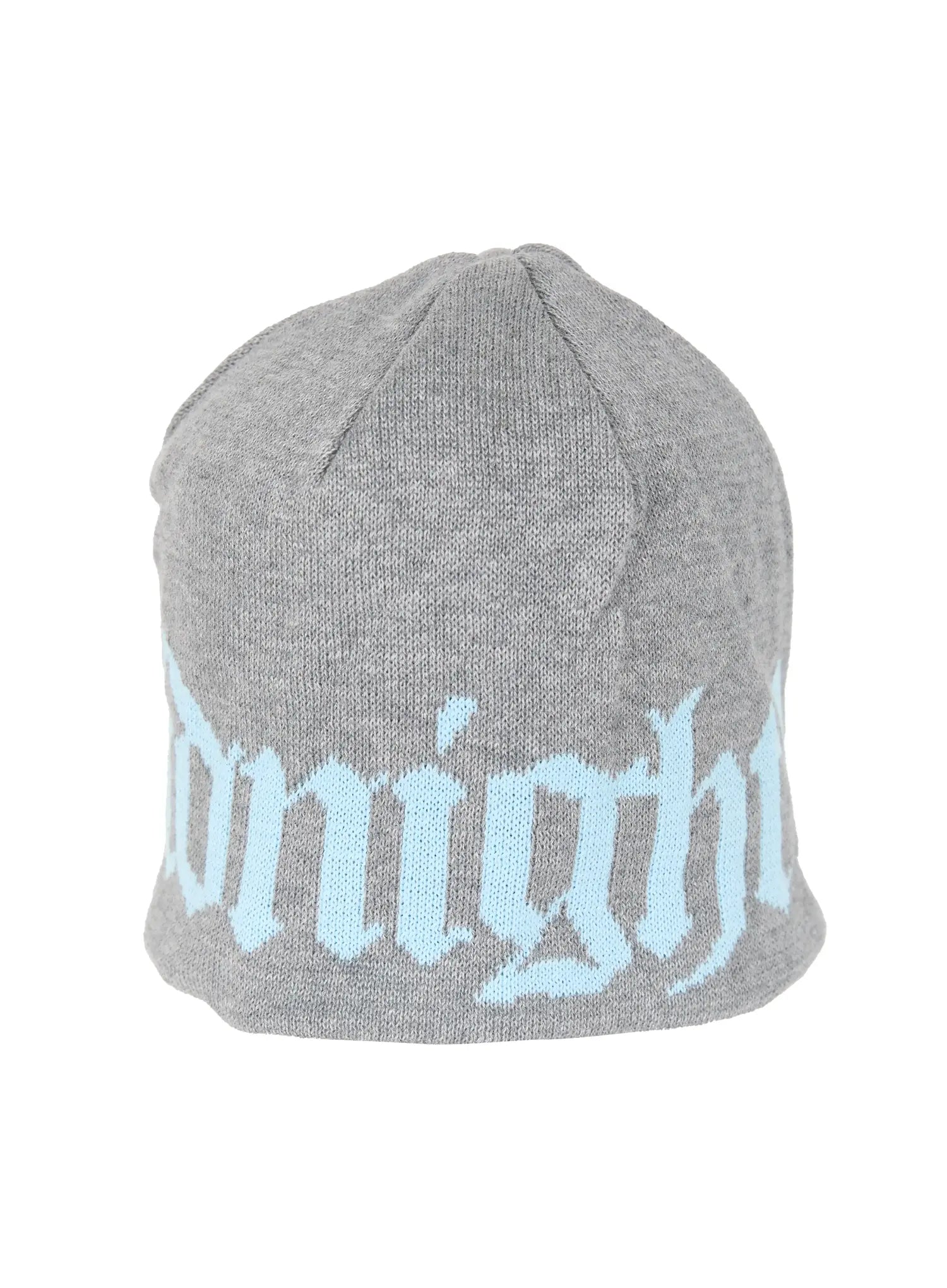 Aspen 1988 beanie IL503 Grey product flat shot angled view showing light blue gothic script jacquard lettering on grey knit beanie