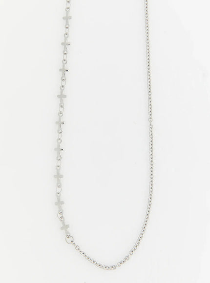 LEWKIN Atlas Cross Necklace IL517 silver full flat-lay view showing asymmetric cross-link chain and rolo chain design on white background