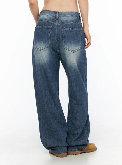 Auralie Vintage Washed Wide Leg Jeans CL502 Blue back view on model showing dual back pockets with chevron stitching and faded wash detail