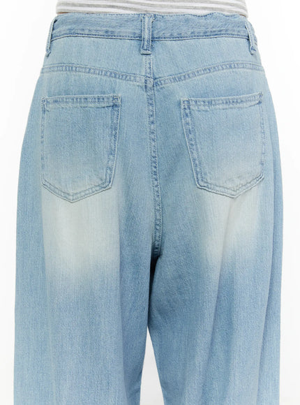 Aurelie Drawstring Washed Wide Leg Jeans CL507 Light blue back close-up detail showing twin back pockets, belt loop and faded wash on wide leg denim
