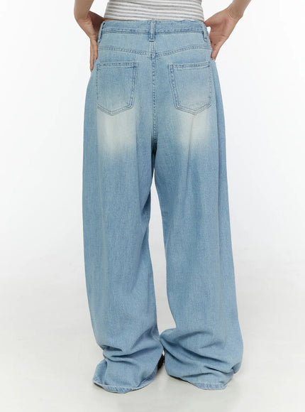 Aurelie Drawstring Washed Wide Leg Jeans CL507 Light blue full back shot on model showing back pockets, wide leg pooling at hem and faded wash