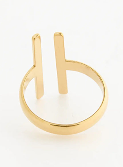 Aurora 11 Ring IL517 Gold back angled view highlighting open circular band interior and dual bar top with warm high-polish gold-tone metal
