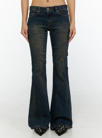 LEWKIN Aveli Vintage Low-Rise Flare Jeans CL515 Dark blue front view on model crop top styled with dark wash flare silhouette and black boots Size S