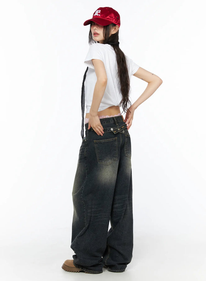 Avie Vintage Wash Wide Leg Jeans CU530 Dark blue side-back view on model styled with white crop tee red cap showing back pocket cross-strap waistband detail
