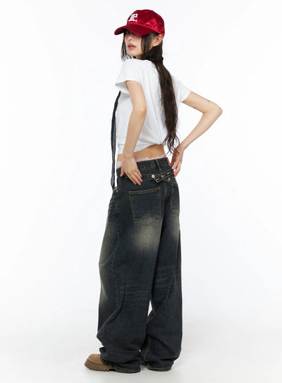 Avie Vintage Wash Wide Leg Jeans CU530 Dark blue side-back view on model styled with white crop tee red cap showing back pocket cross-strap waistband detail