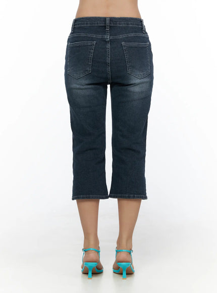 Axel Slit Capri Jeans CL510 dark blue back shot on model showing dual back pockets, slightly flared hem, and teal heeled sandals