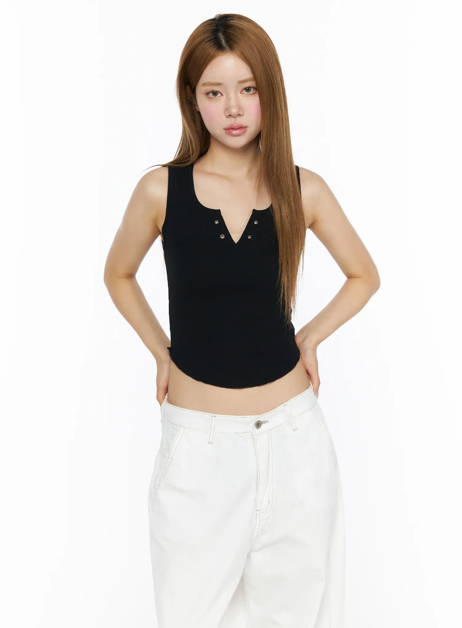 Back Lace Ribbed Tank Top CL502 in Black, size S/M