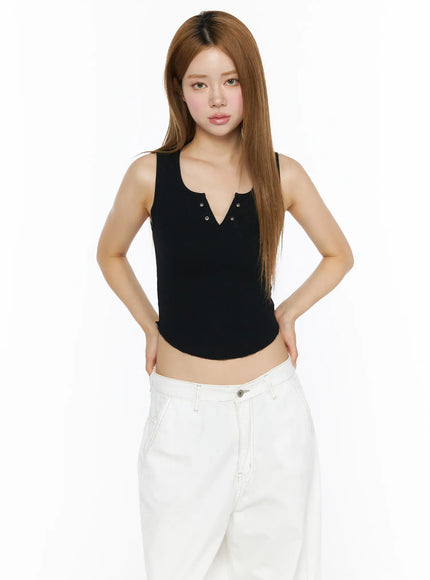 Back Lace Ribbed Tank Top CL502 in Black, size S/M