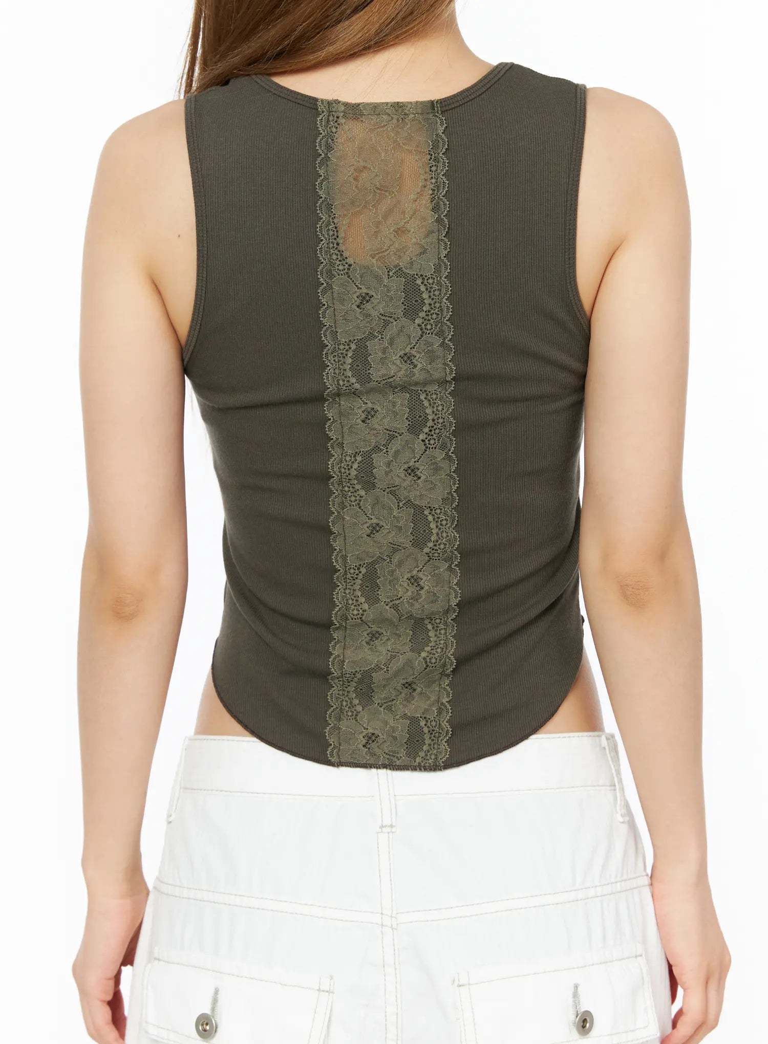 Back Lace Ribbed Tank Top CL502 Dark green back close-up detail shot on model showing wide vertical floral lace panel with scalloped edges on ribbed body