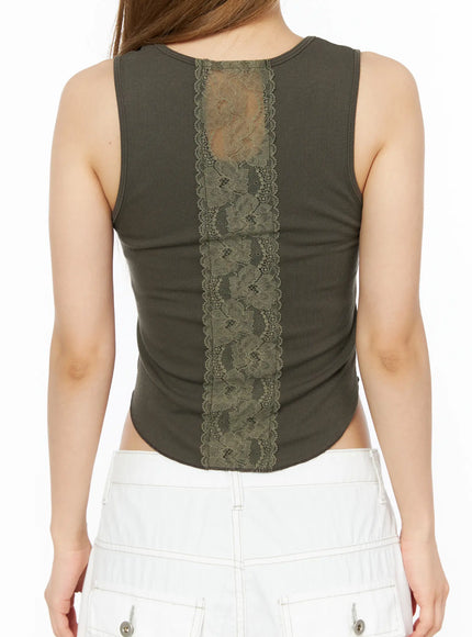 Back Lace Ribbed Tank Top CL502 Dark green back close-up detail shot on model showing wide vertical floral lace panel with scalloped edges on ribbed body