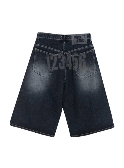 Back Print Jorts IL509 Dark blue flat-lay back view, showing PERFECT JEANS woven label, large number graphic print across back panel, back pockets, washed finish