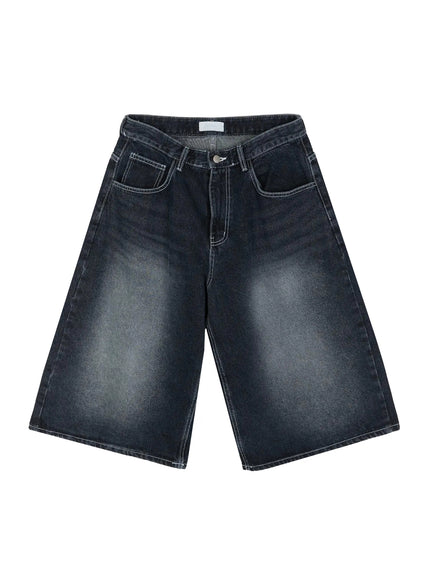 Back Print Jorts IL509 Dark blue flat-lay front view, wide-leg washed denim shorts with white contrast stitching, button fly, and front pockets on white background