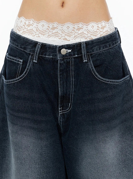 Back Print Jorts IL509 Dark blue close-up front detail showing waistband button, white contrast stitching, lace trim peek, and front pockets