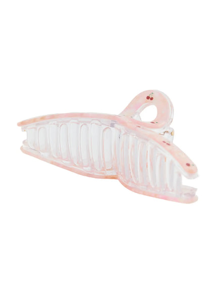 Baerry Hair Pin IL514 pink side view showing open teeth comb structure and interlocking jaw clips with cherry motif detail