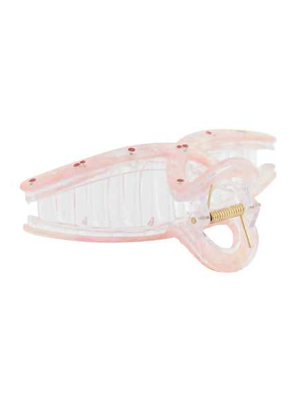 Baerry Hair Pin IL514 pink side detail view revealing inner teeth rows and gold pin hinge with cherry print on semi-transparent body