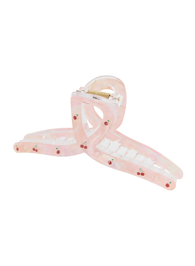 Baerry Hair Pin IL514 pink angled view displaying gold spring hinge mechanism and cherry print on translucent pink marble acrylic
