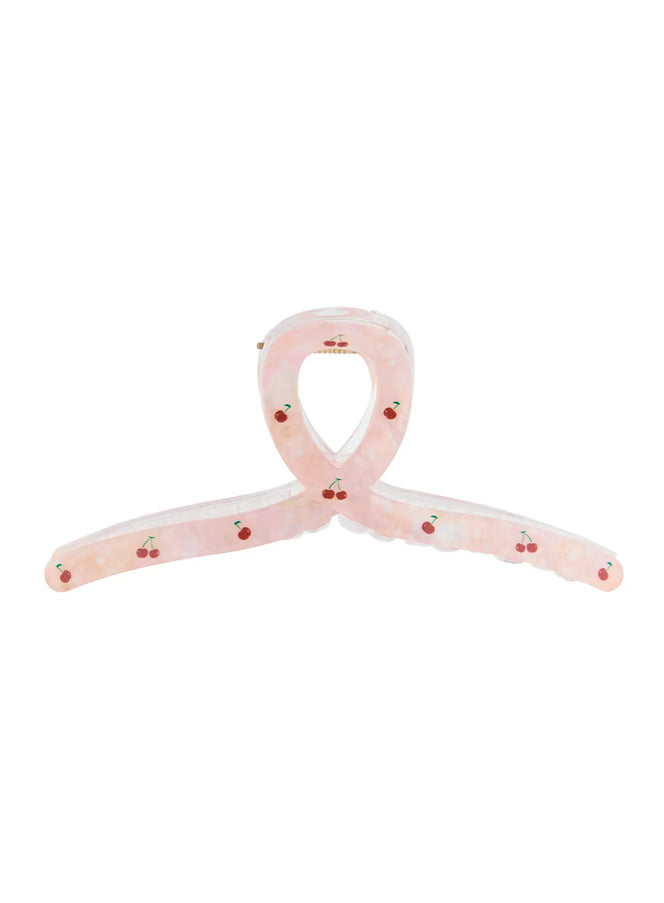 LEWKIN Baerry Hair Pin IL514 pink front view flat lay showing ribbon-loop bow shape with red cherry print on pearlescent acrylic