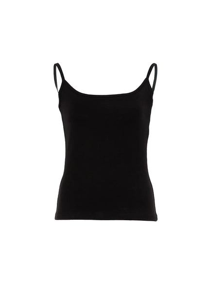 Basic Cami Top IU524 Black front flat lay with scoop neckline, thin spaghetti straps, and smooth fitted jersey fabric