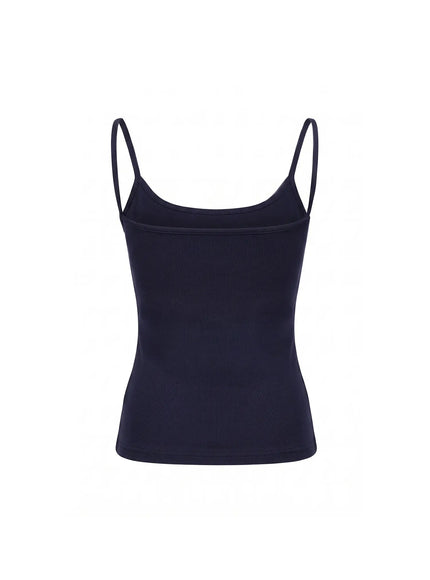 Basic Cami Top IU524 Dark Blue back flat lay showing scoop back neckline, thin spaghetti straps, and fitted ribbed stretch construction