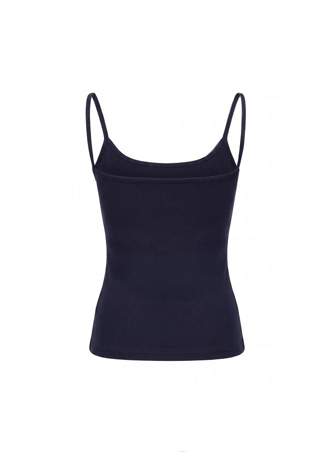 Basic Cami Top IU524 Dark Blue back flat lay showing scoop back neckline, thin spaghetti straps, and fitted ribbed stretch construction