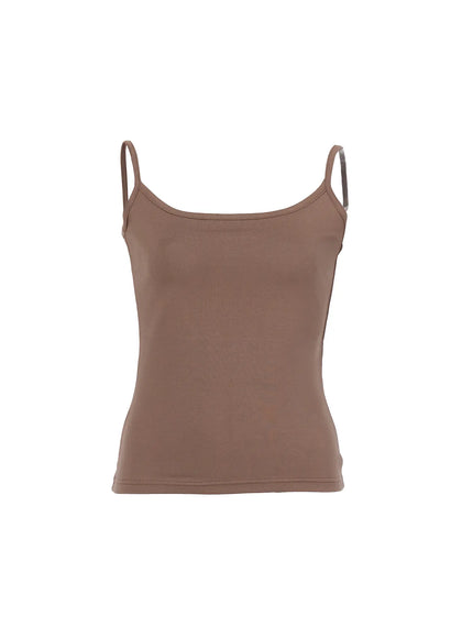 Basic Cami Top IU524 Brown front flat lay with scoop neckline, thin spaghetti straps, and fitted smooth stretch fabric