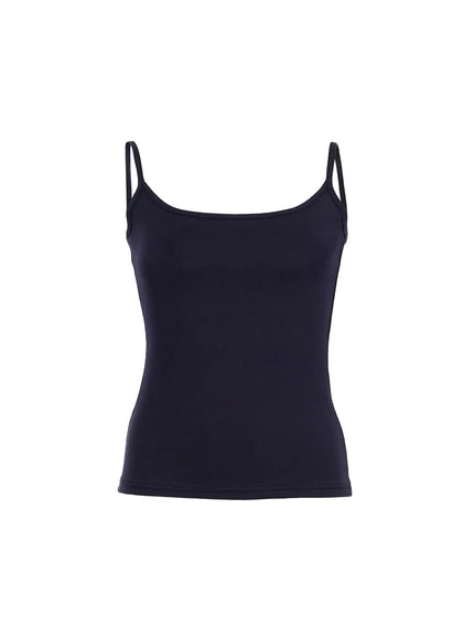 LEWKIN Basic Cami Top IU524 Dark Blue front flat lay with scoop neckline, thin spaghetti straps, and fitted stretch fabric, Size S/M