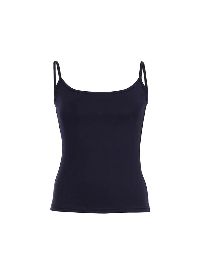 LEWKIN Basic Cami Top IU524 Dark Blue front flat lay with scoop neckline, thin spaghetti straps, and fitted stretch fabric, Size S/M