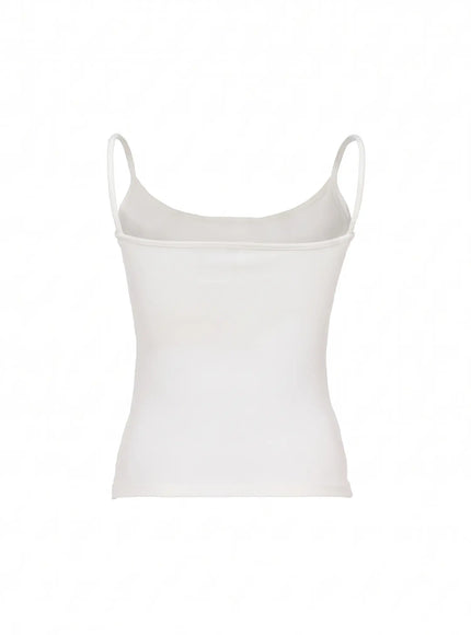 Basic Cami Top IU524 White front flat lay with scoop neckline, thin spaghetti straps, and soft fitted stretch fabric