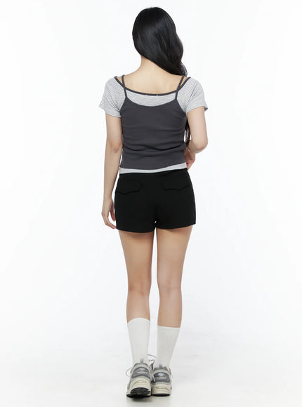 Basic Drawstring Lounge Shorts IU525 Black full-body back shot on model wearing striped raglan tee showing back flap pockets and sneakers